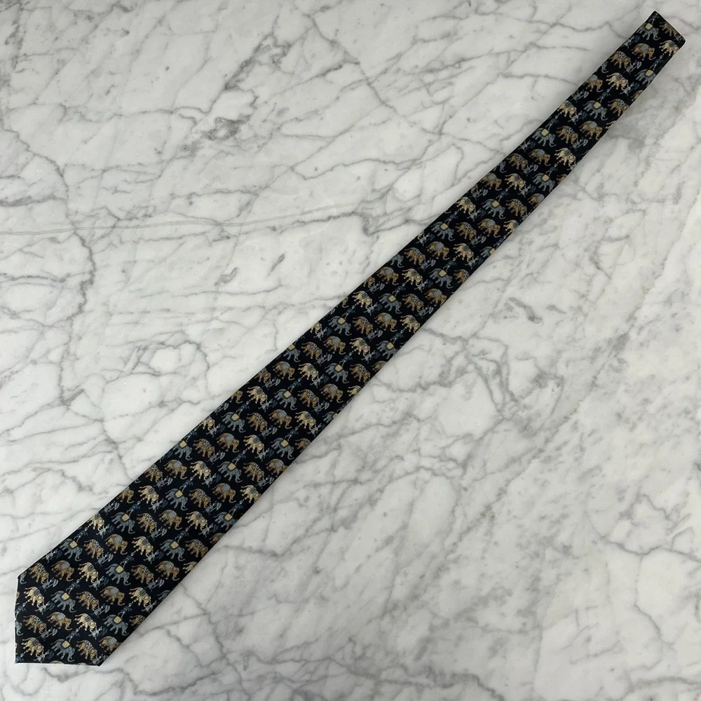 Jim Thompson 100% Silk Tie Whimsical Elephants Animal Print Blue & Tan